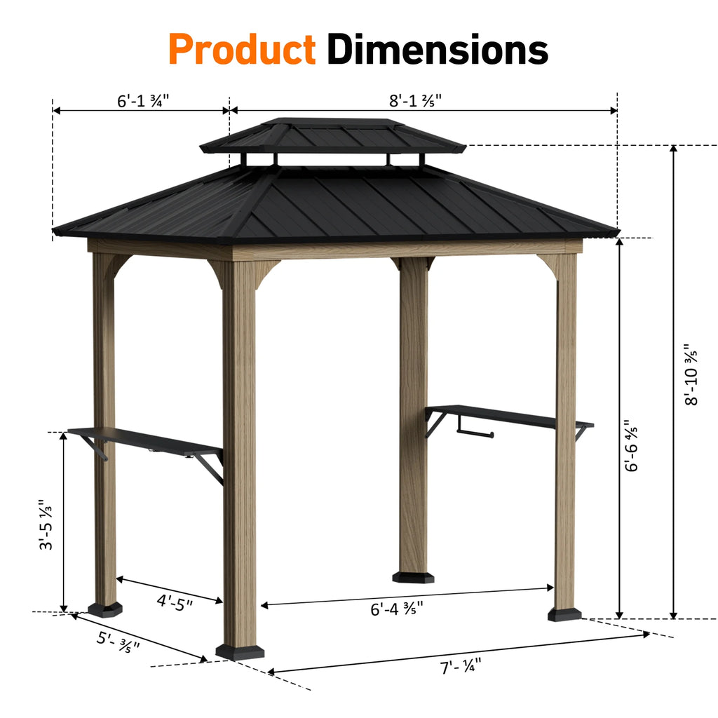 Modern Shade 6' x 8' Aluminum Grill Gazebo, Galvanized Steel Hardtop with Shelves, Ceiling Hook & Extra-Wide Columns, Wood Grain