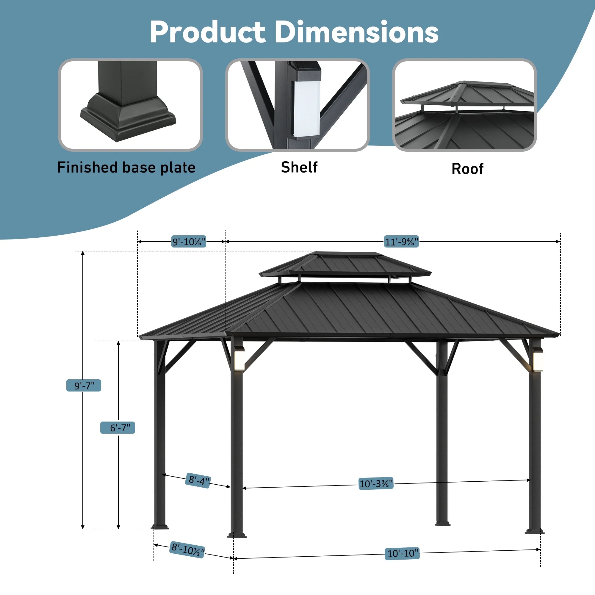 Modern Shade Hardtop Gazebo 10' x 12' with 4 LED Lights, Permanent Gazebo with Double Galvanized Steel Roof for Outdoor Backyard, Black