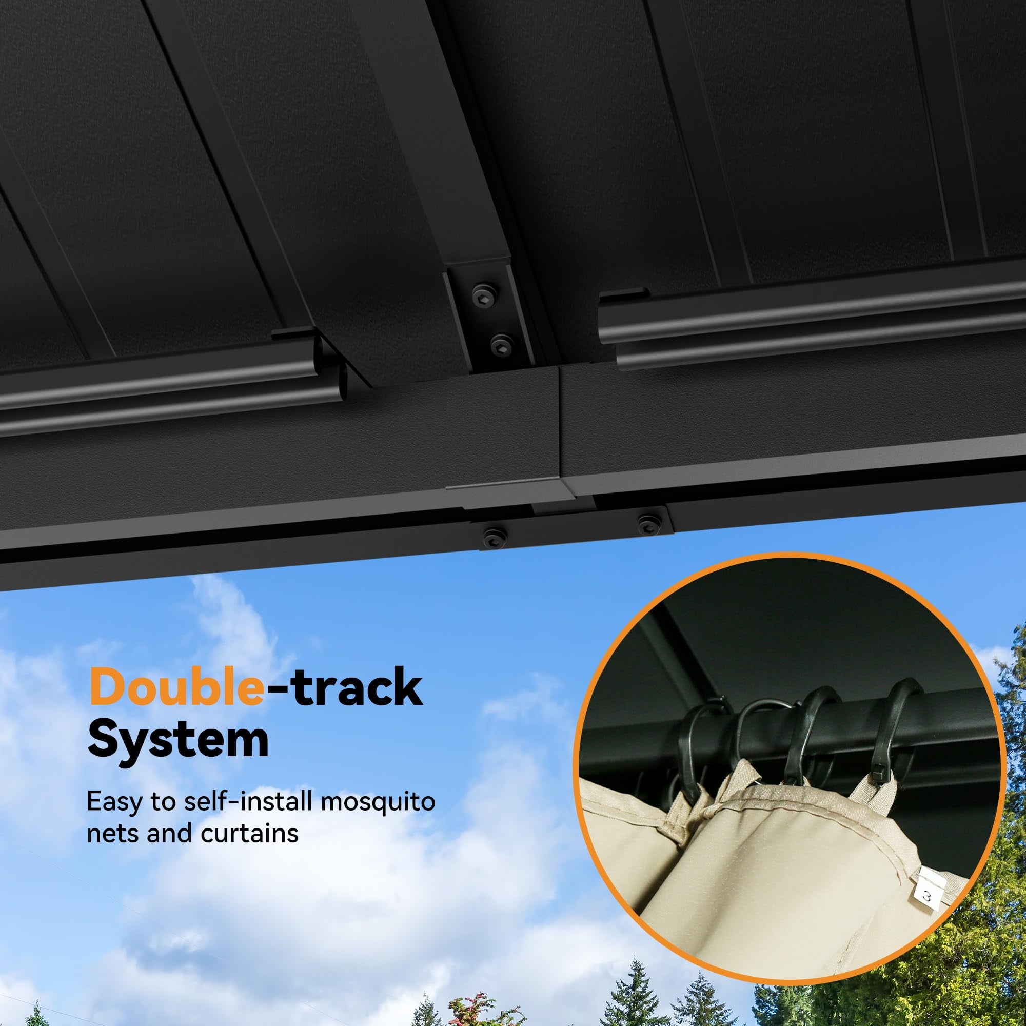 Modern Shade 12'x24' Steel Hardtop Gazebo with Galvanized Double Roof & 4 LEDs Weatherproof Pavilion with Mosquito Netting, Curtains Hooks Black