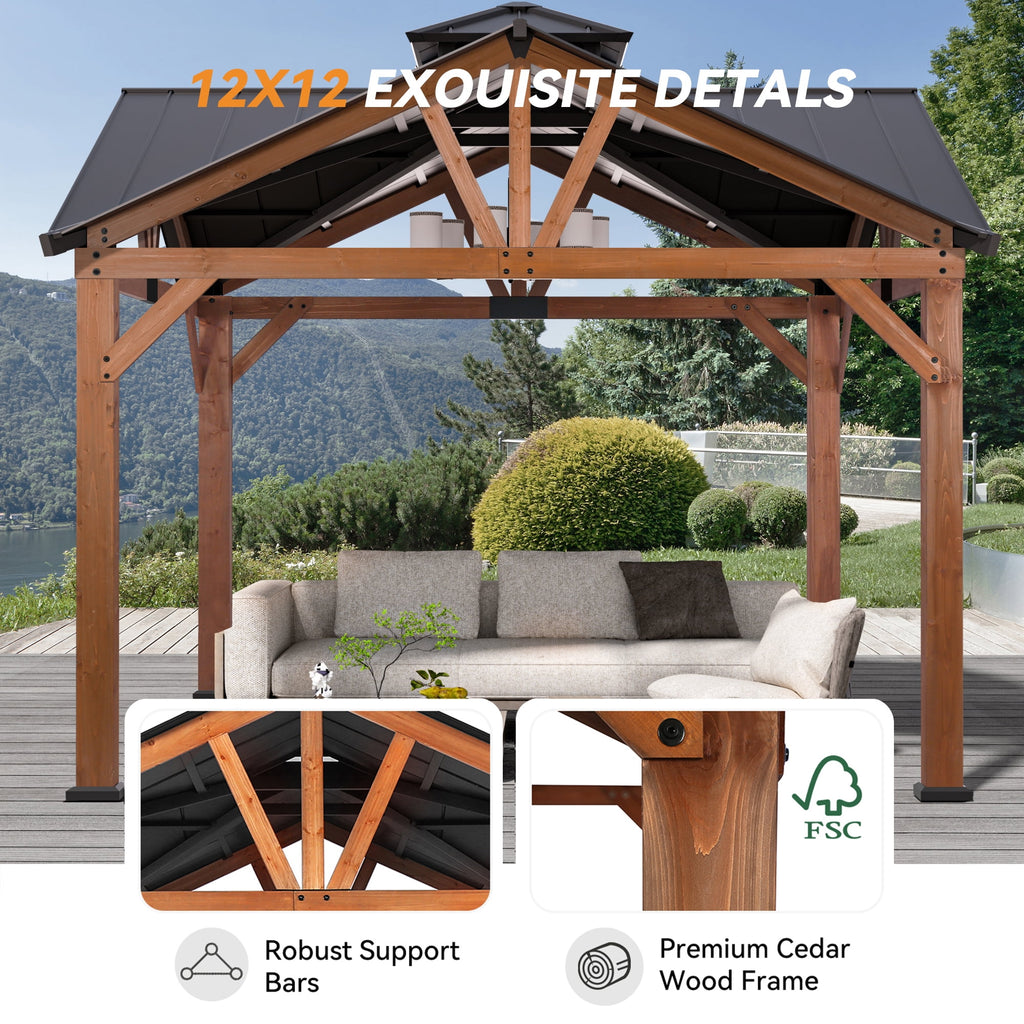 Modern Shade 12'x12' Cedar Hardtop Gazebo - Weatherproof Steel Roof, Permanent Outdoor Structure with FSC-Certified Wood Frame & Rust-Resistant Hardware
