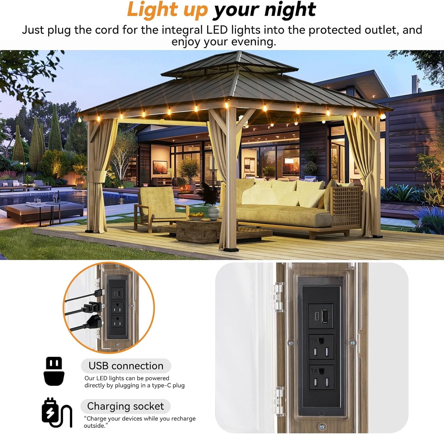Modern Shade 12' x 14' Hardtop Gazebo with LED Lights, USB Ports, Curtains & Netting for Patio
