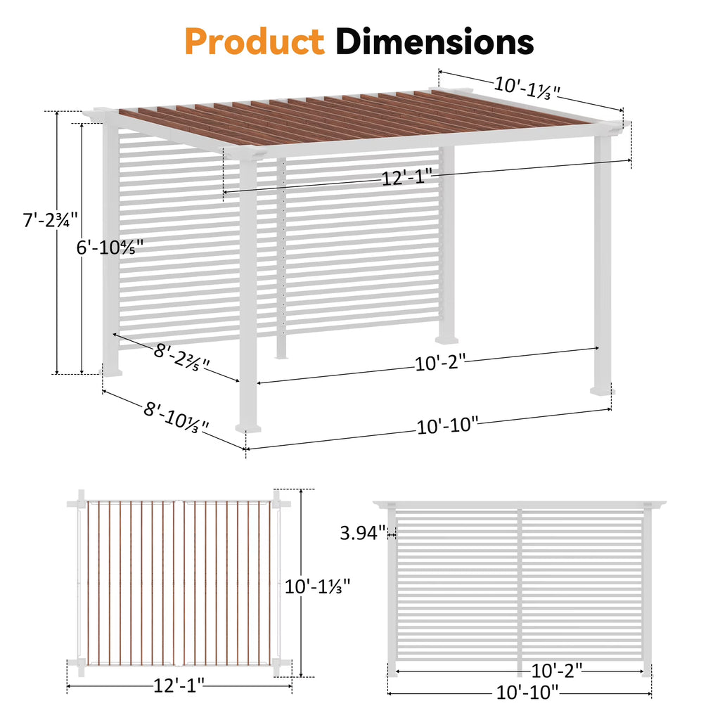 Modern Shade 10'x12' Open Sky Pergola Cabana with Trellis Roof, Privacy Curtains, White Back Wall & Textilene Sun Shade for Patio