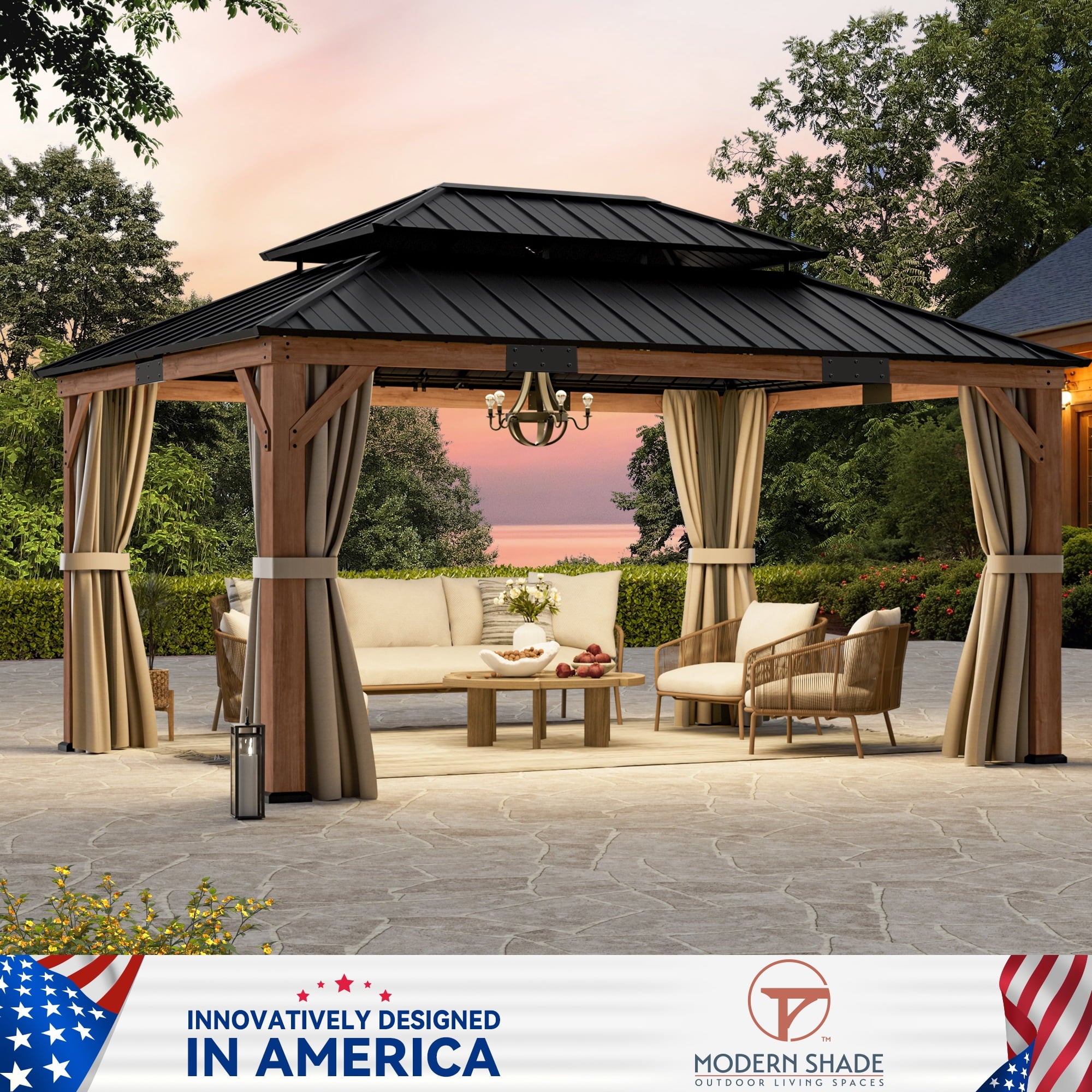 Modern Shade 12'x16'Outdoor Cedar Wood Hardtop Gazebo with Double Steel Roof, Mosquito Net Rods for Backyard Use
