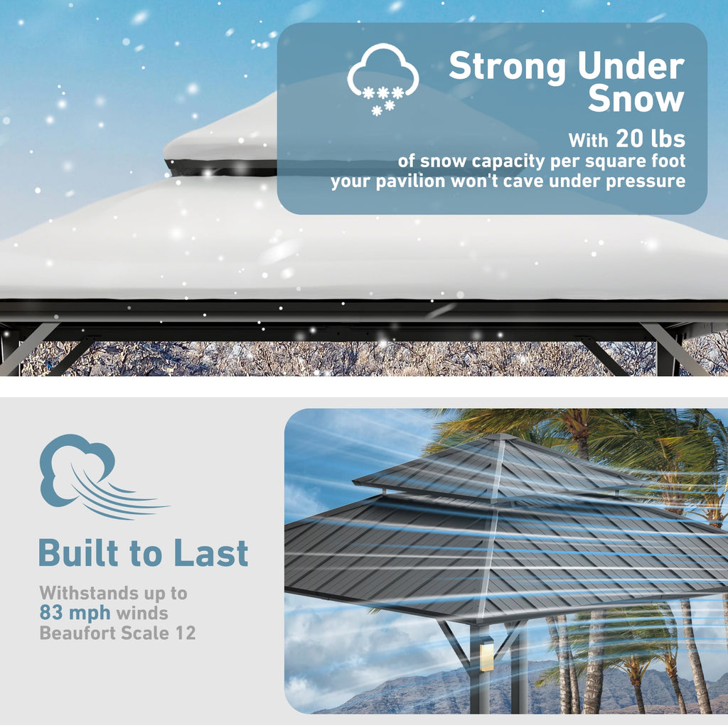 FONA 10' x 12' Outdoor Hardtop Gazebo with Solar LED Light, Permanent Patio Shelter for Garden or Backyard