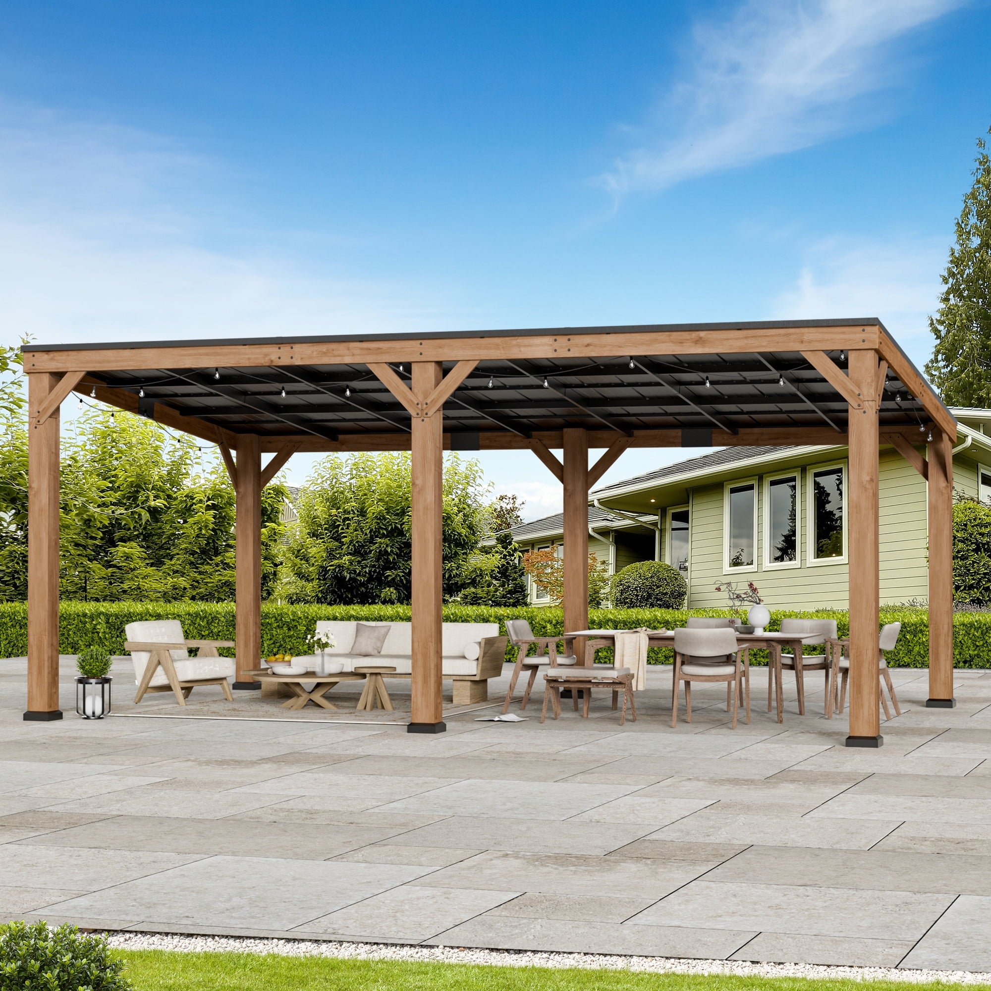 FONA12' x 20' Cedar Wood Hardtop Gazebo, Rot-Resistant Grill Shelter for Backyard or Patio