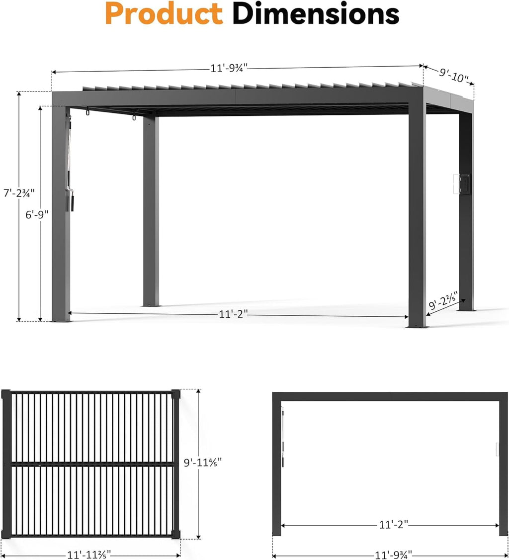 Modern Shade 10'x12' Louvered Pergola w/USB & Auto Drainage Weatherproof Outdoor Structure with Retractable Netting/Curtains for Patio Garden Black