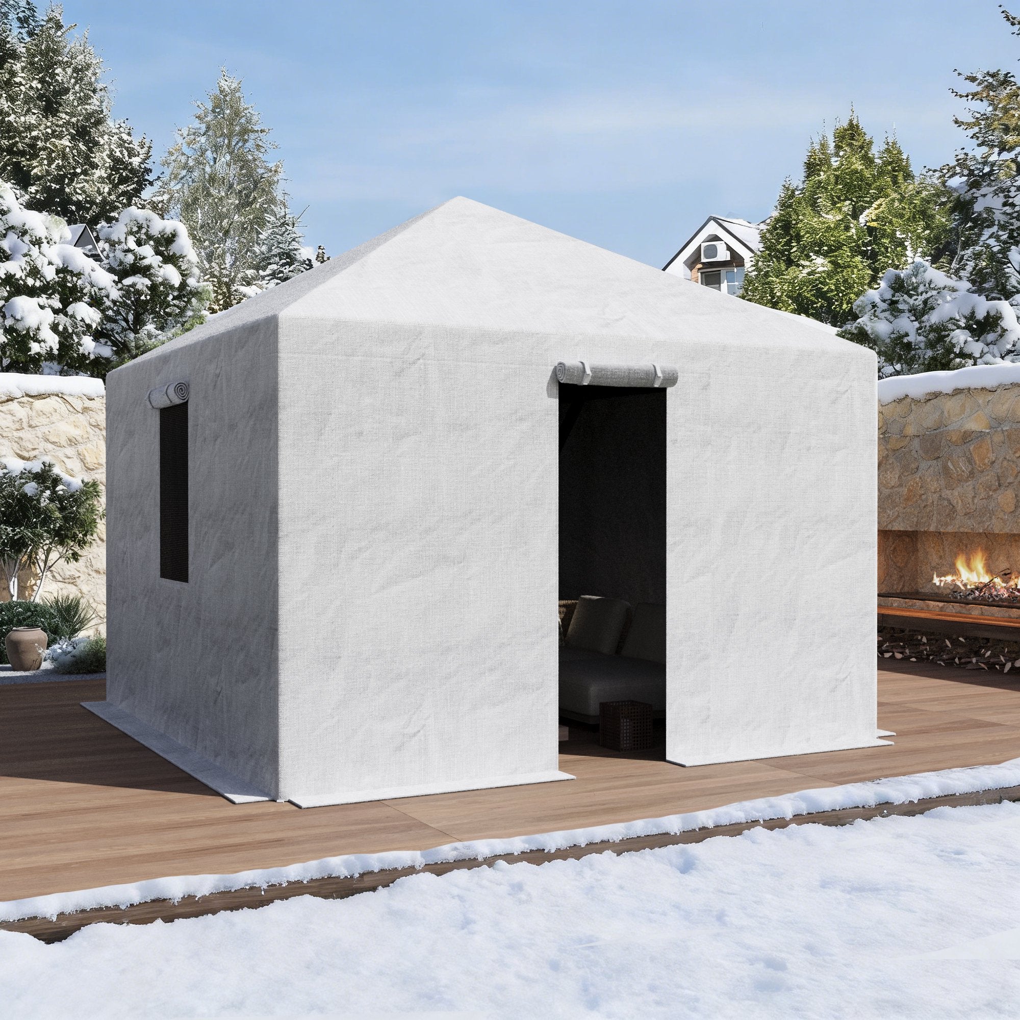 Covered Outdoor 10x10ft Winter Gazebo Cover, 200G Heavy-Duty Waterproof Enclosed Cover with Sidewalls & Mesh Windows, Universal Hardtop