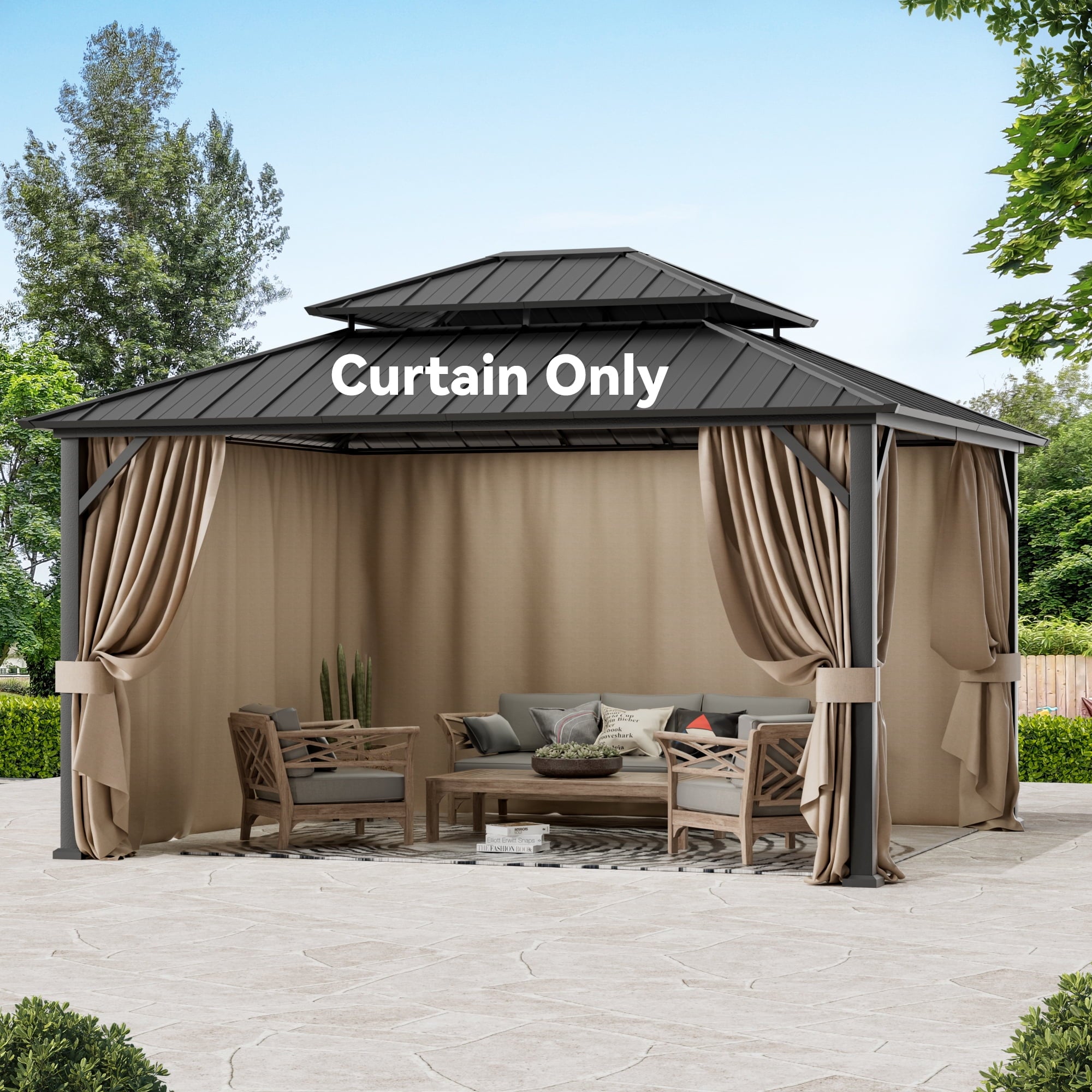 FONA Gazebo Curtain Replacement Universal 4-Panel Sidewalls 12' x 14', Outdoor Gazebo Privacy Curtains with Zipper (Curtain Only)