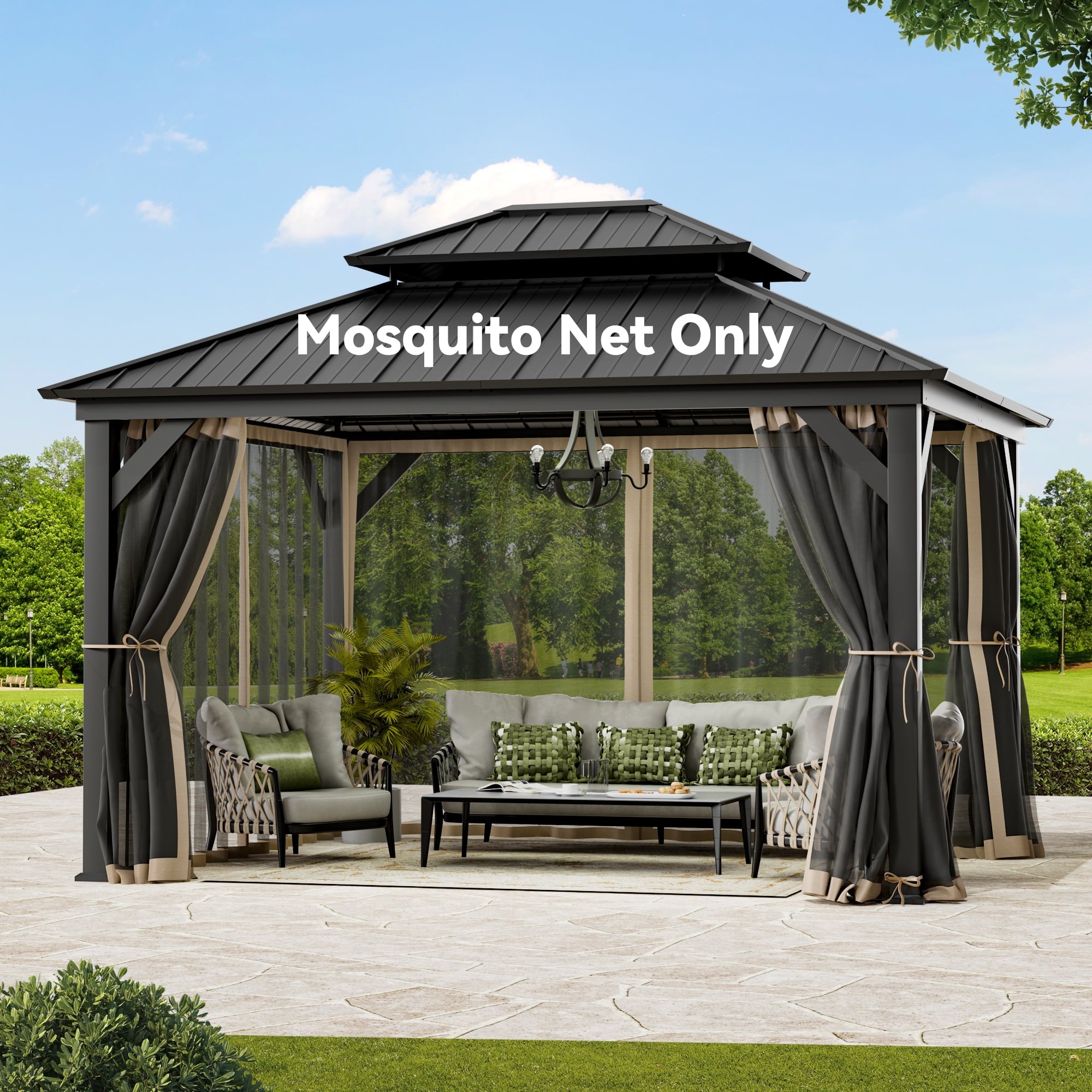 Covered Outdoor Gazebo Mosquito Netting Replacement Universal 4-Panel Sidewalls 11' x 13', Outdoor Gazebo Mosquito Nettings with Double Zipper (Mosquito Net Only)