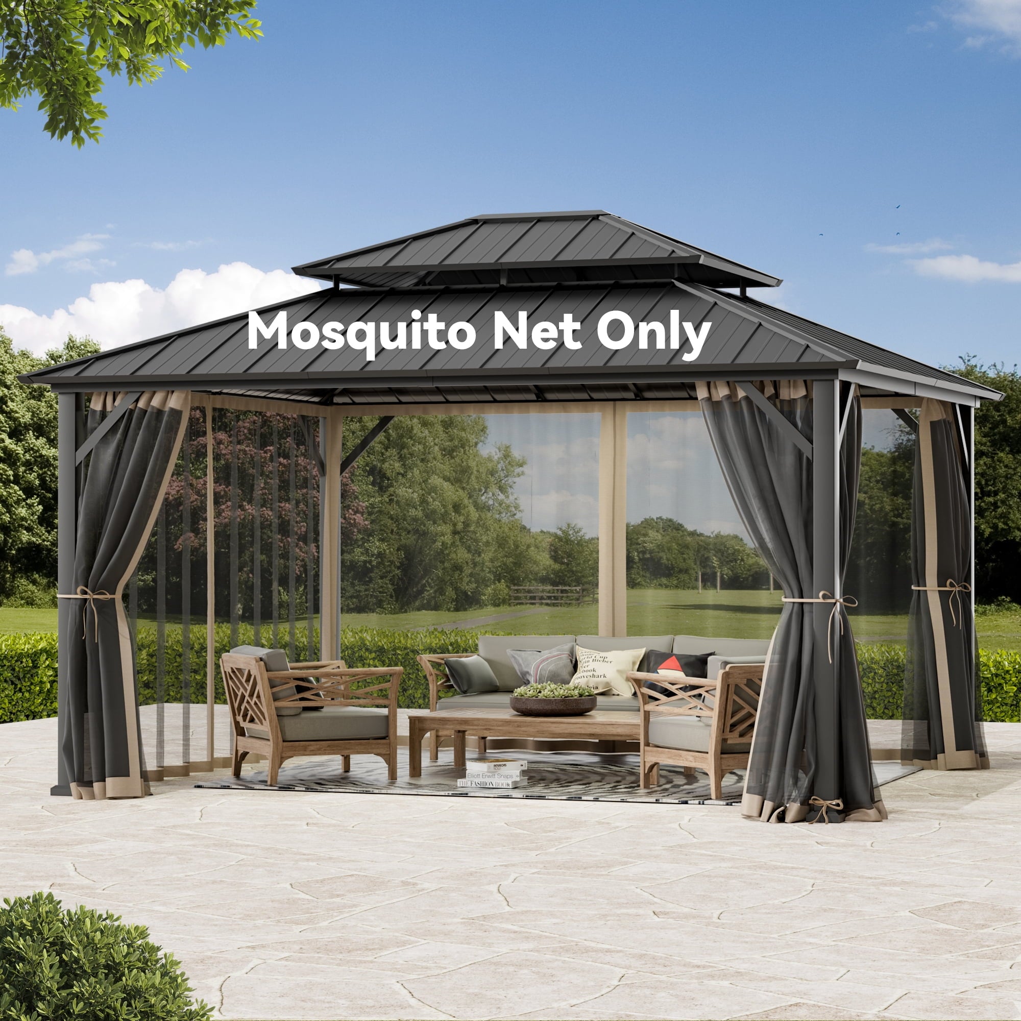 Covered Outdoor Gazebo Mosquito Netting Replacement Universal 4-Panel Sidewalls 12' x 14', Outdoor Gazebo Mosquito Nettings with Double Zipper (Mosquito Net Only)