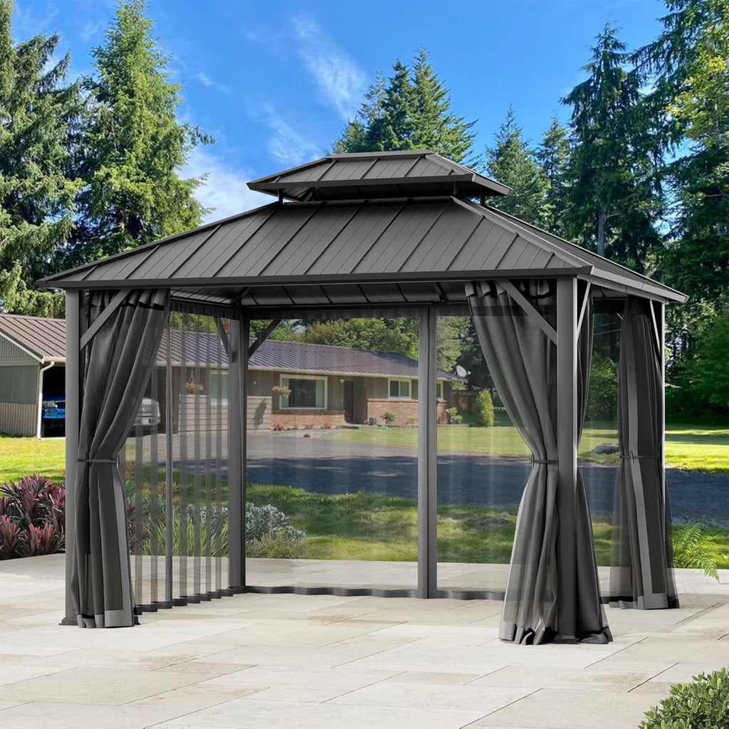 Covered Outdoor Universal 10'x10' Gazebo Mosquito Netting - 4-Panel Double-Zipper Screen Walls, Dark Gray & Black