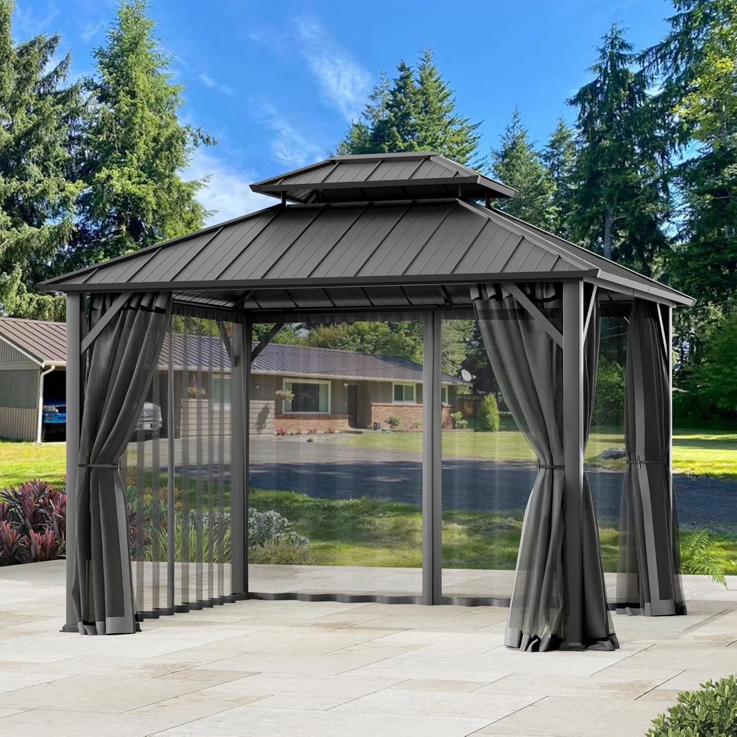 Covered Outdoor Universal 10'x10' Gazebo Mosquito Netting - 4-Panel Double-Zipper Screen Walls, Dark Gray & Black