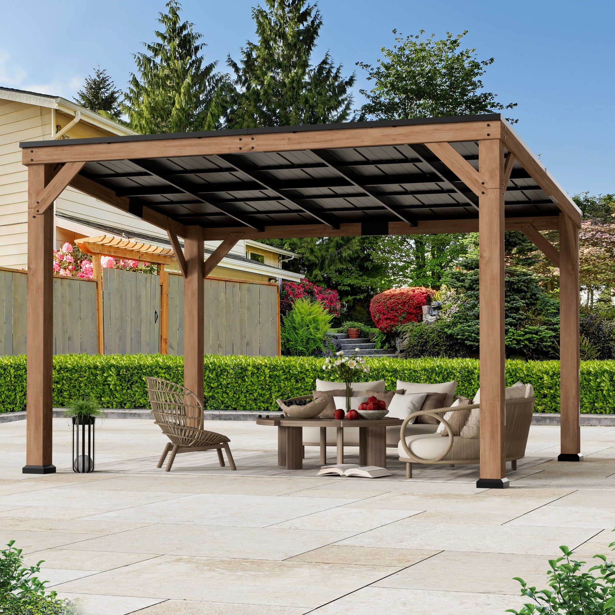 FONA 10' x 12' Cedar Wood Hardtop Gazebo, Rot-Resistant Grill Shelter for Backyard or Deck