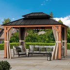 FONA 11'x13'Outdoor Cedar Wood Hardtop Gazebo with Double Steel Roof, Mosquito Net Rods for Backyard Use