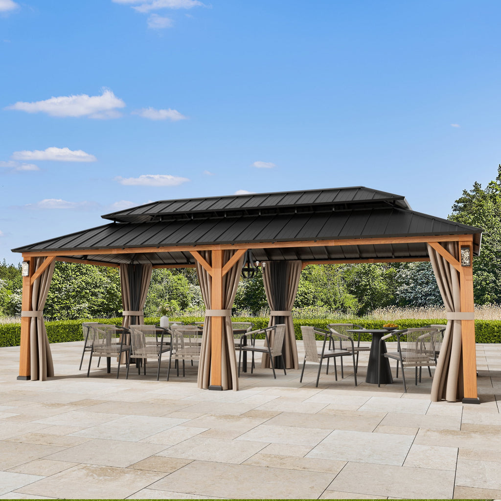 FONA 12' x 24' Hardtop Gazebo with LED Lights, Double Roof & Curtains