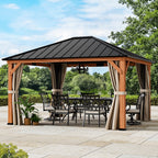FONA 12'x14' Wood Gazebo,Permanent Hardtop Gazebo with Mosquito Net,with Galvanized Steel Roof Hardtop