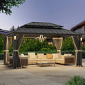 FONA 12'x16' Permanent Hardtop Gazebo with LED Lights,Double Roof,Mosquito Netting & Hooks,Black