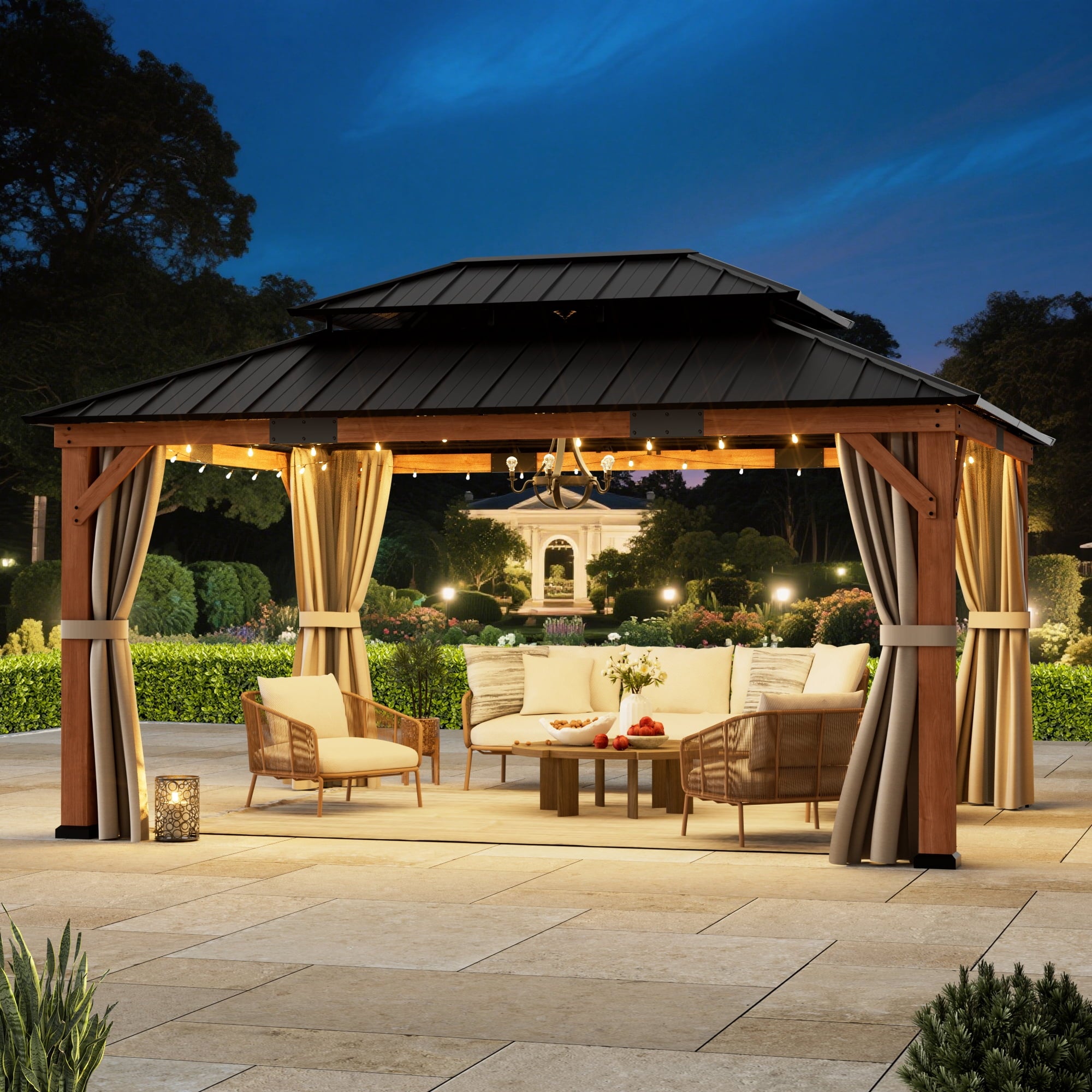 FONA 12'x16' Rosewood Cedar Grill Gazebo,Double Galvanized Steel Roof & Sturdy Hooks for Backyard