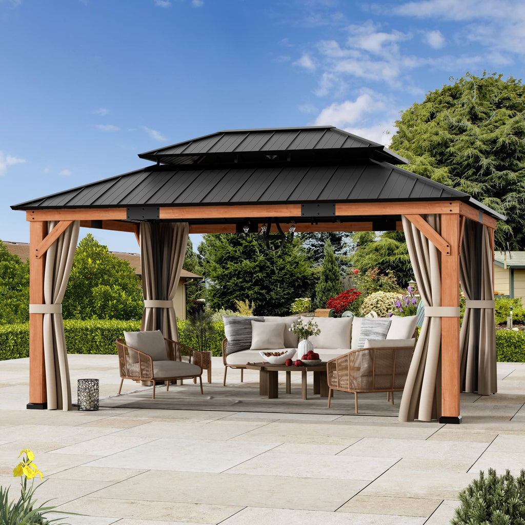 FONA 12'x16' Rosewood Cedar Grill Gazebo,Double Galvanized Steel Roof & Sturdy Hooks for Backyard