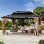 FONA 12'x16' Rosewood Cedar Grill Gazebo,Double Galvanized Steel Roof & Sturdy Hooks for Backyard