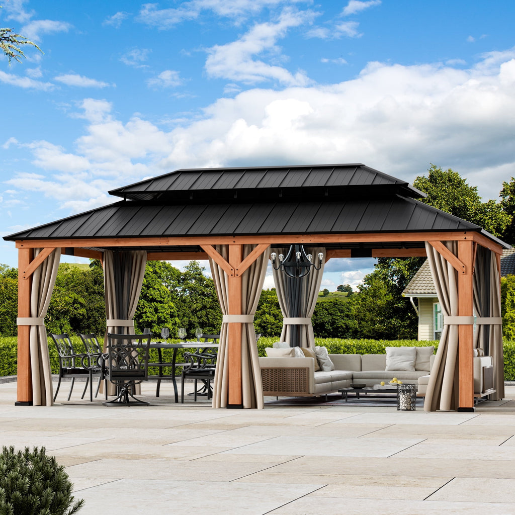 FONA 12'x20' Cedar Wood Gazebo,Hardtop with Double Galvanized Steel Roof for Outdoor,Brown