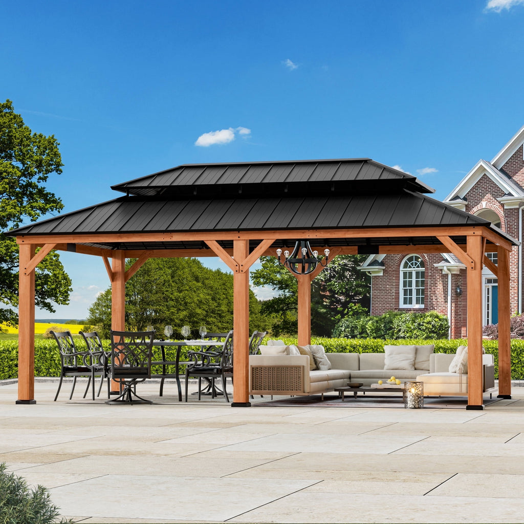 FONA 12'x20' Cedar Wood Gazebo,Hardtop with Double Galvanized Steel Roof for Outdoor,Brown