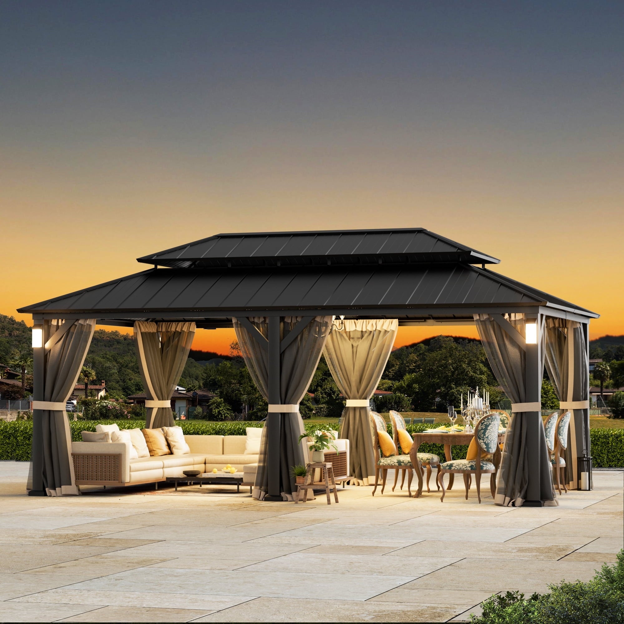 FONA 12'x20' Hardtop Gazebo with Steel Roof,Lights,Mosquito Netting & Hooks,Black