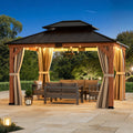 FONA 13'x15' Rosewood Cedar Grill Gazebo,Double Steel Roof,Mosquito Netting&Curtains for Backyard