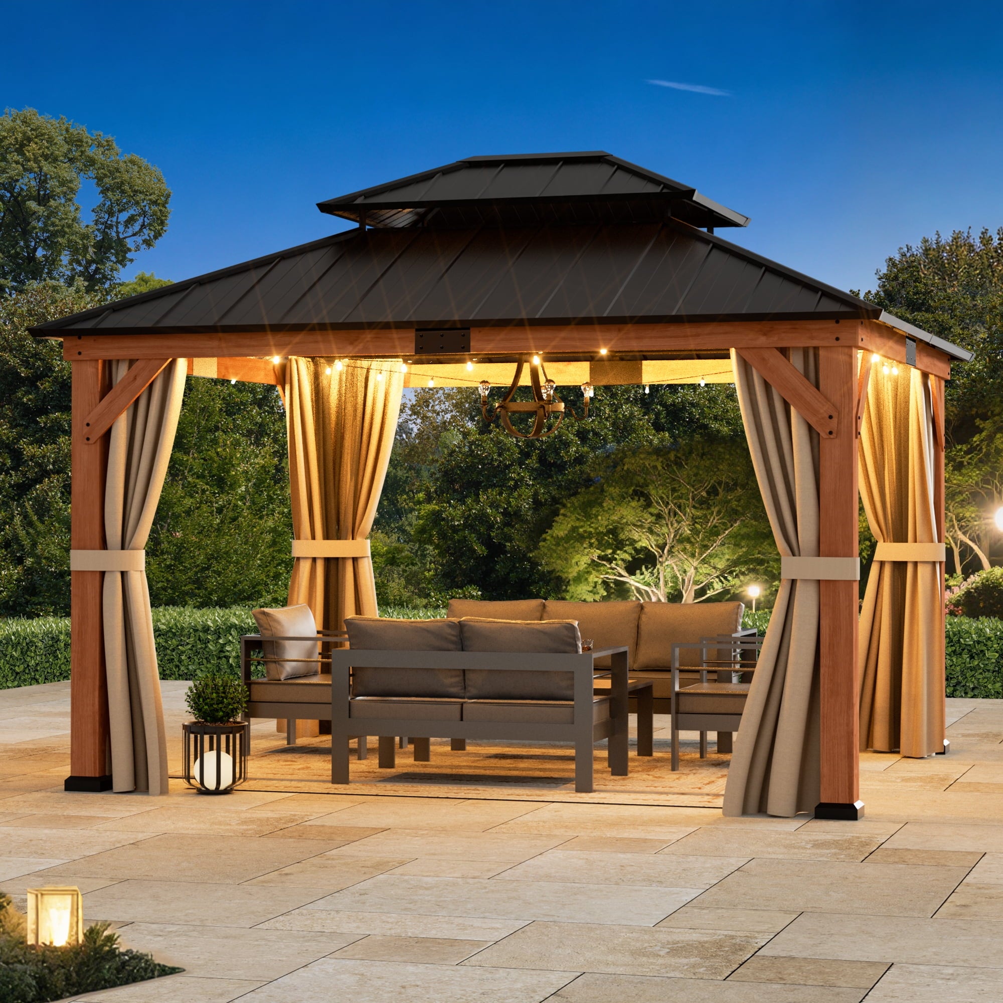 FONA 13'x15' Rosewood Cedar Grill Gazebo,Double Steel Roof,Mosquito Netting&Curtains for Backyard