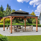 FONA 13'x15' Rosewood Cedar Grill Gazebo,Double Steel Roof,Mosquito Netting&Curtains for Backyard