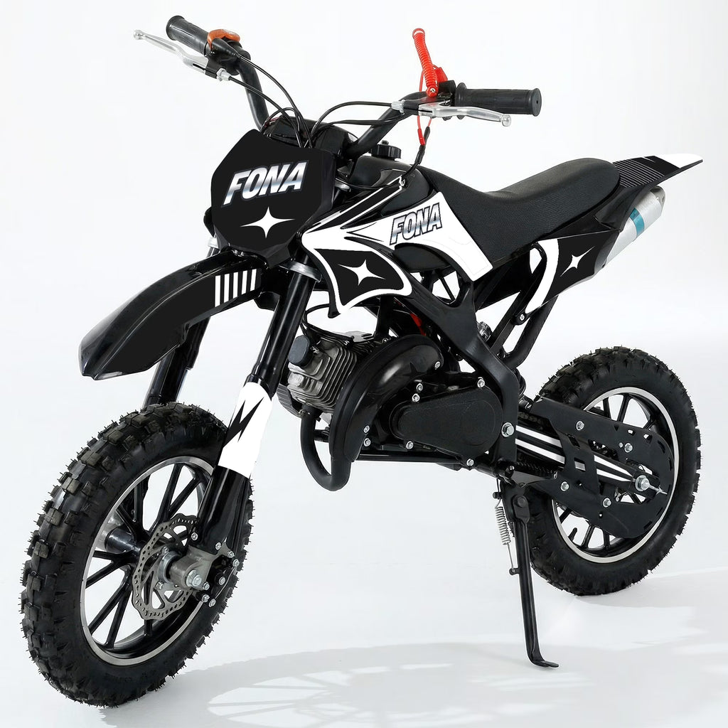FONA 49cc 2-Stroke Dirt Bike for Kids 8-12, 25mph Mini Motorcycle with Dual Disc Brakes, Multi Terrain Tires, Suspension & Soft Seat Black