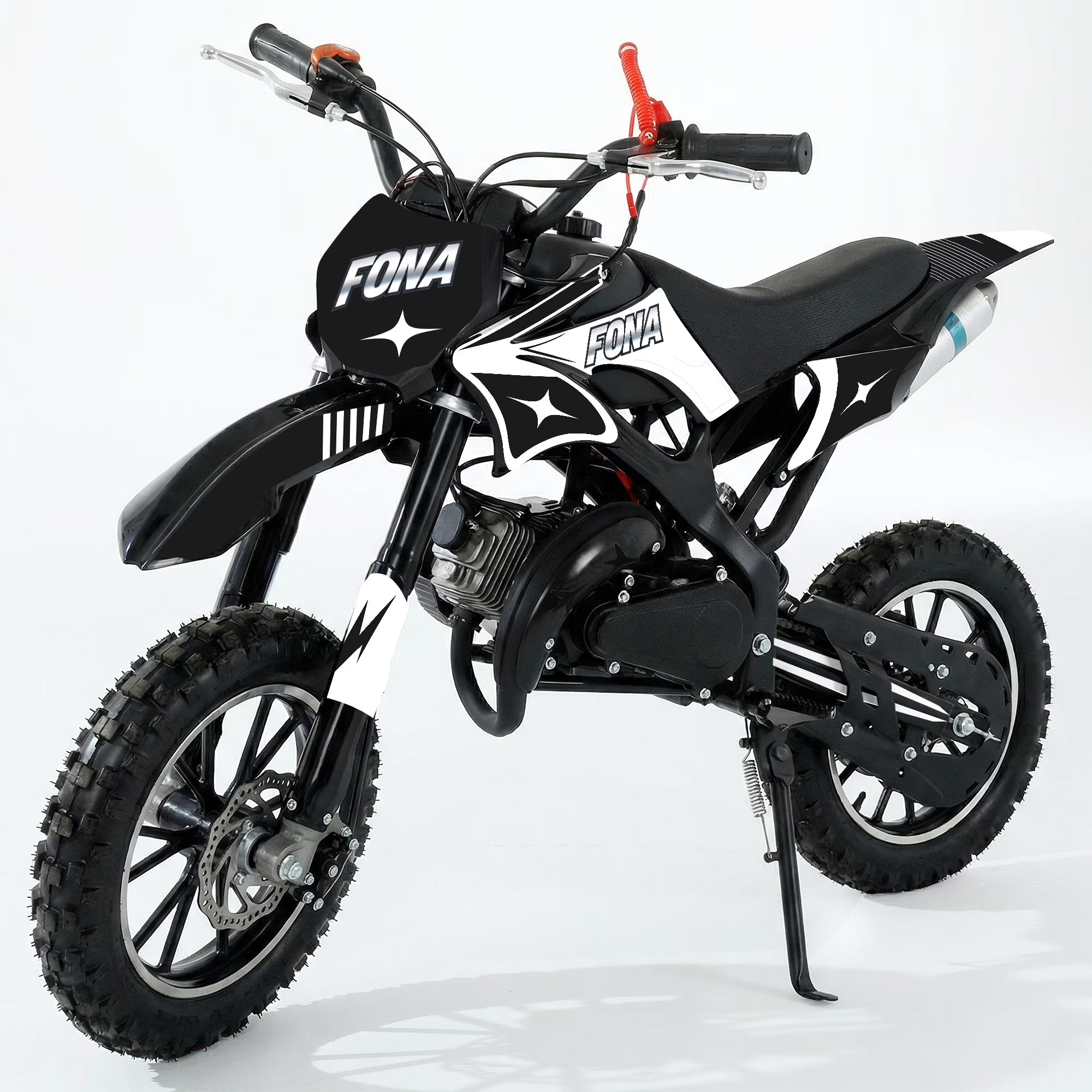 FONA 49cc 2-Stroke Dirt Bike for Kids 8-12, 25mph Mini Motorcycle with Dual Disc Brakes, Multi Terrain Tires, Suspension & Soft Seat Black