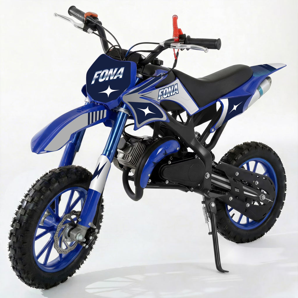 FONA 49cc 2-Stroke Dirt Bike for Kids 8-12, 25mph Mini Motorcycle with Dual Disc Brakes, Multi Terrain Tires, Suspension & Soft Seat Blue