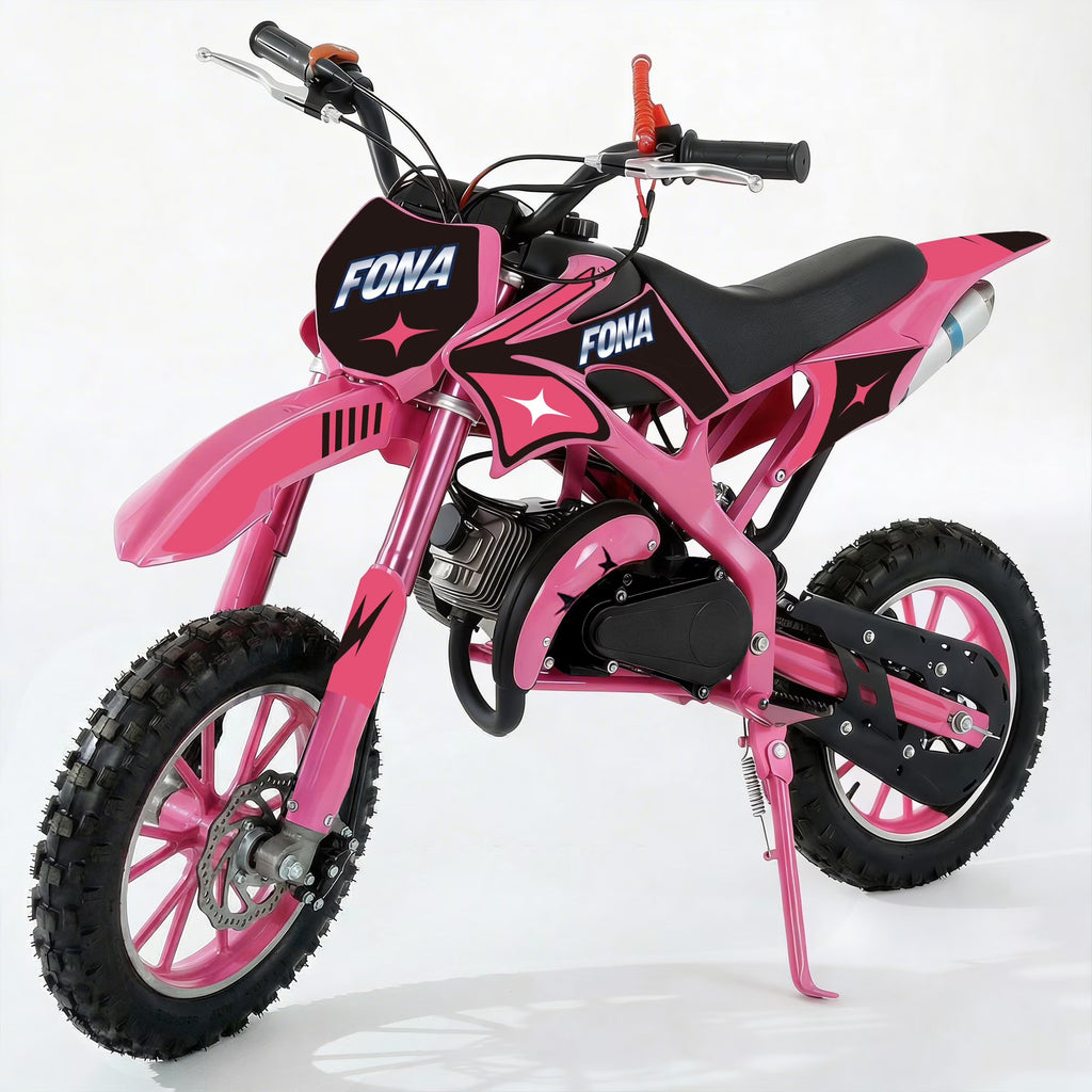 FONA 49cc 2-Stroke Dirt Bike for Kids 8-12, 25mph Mini Motorcycle with Dual Disc Brakes, Multi Terrain Tires, Suspension & Soft Seat Pink