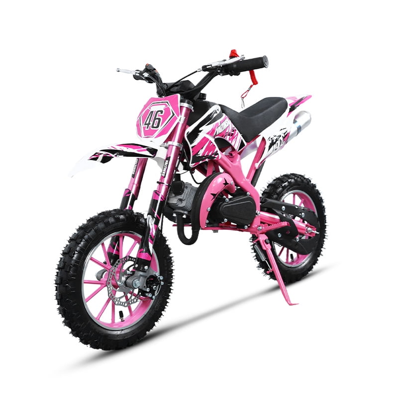 FONA 49cc 2-Stroke Dirt Bike for Kids 8-12, 25mph Mini Motorcycle with Dual Disc Brakes, Off-Road Tires, Suspension & Soft Seat Pink