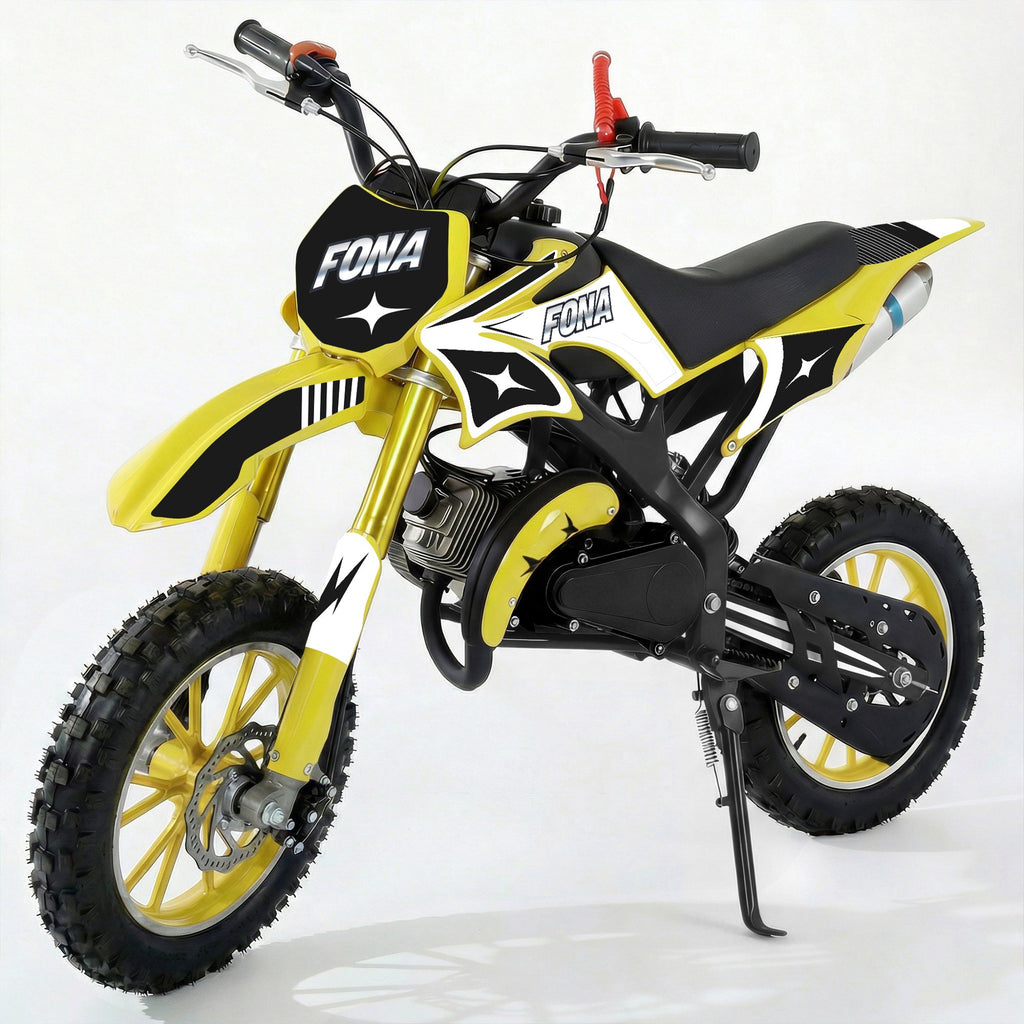 FONA 49cc 2-Stroke Dirt Bike for Kids 8-12, 25mph Mini Motorcycle with Dual Disc Brakes, Multi Terrain Tires, Suspension & Soft Seat Yellow