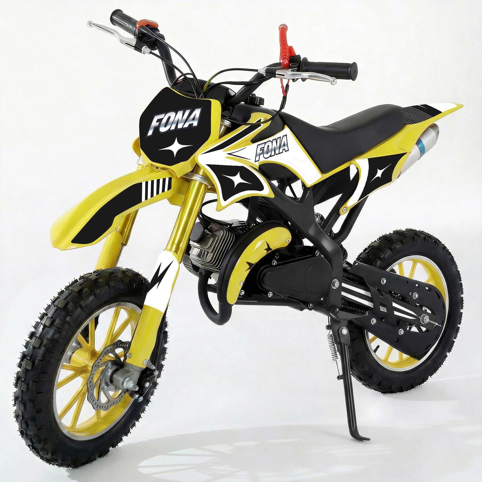 FONA 49cc 2-Stroke Dirt Bike for Kids 8-12, 25mph Mini Motorcycle with Dual Disc Brakes, Multi Terrain Tires, Suspension & Soft Seat Yellow