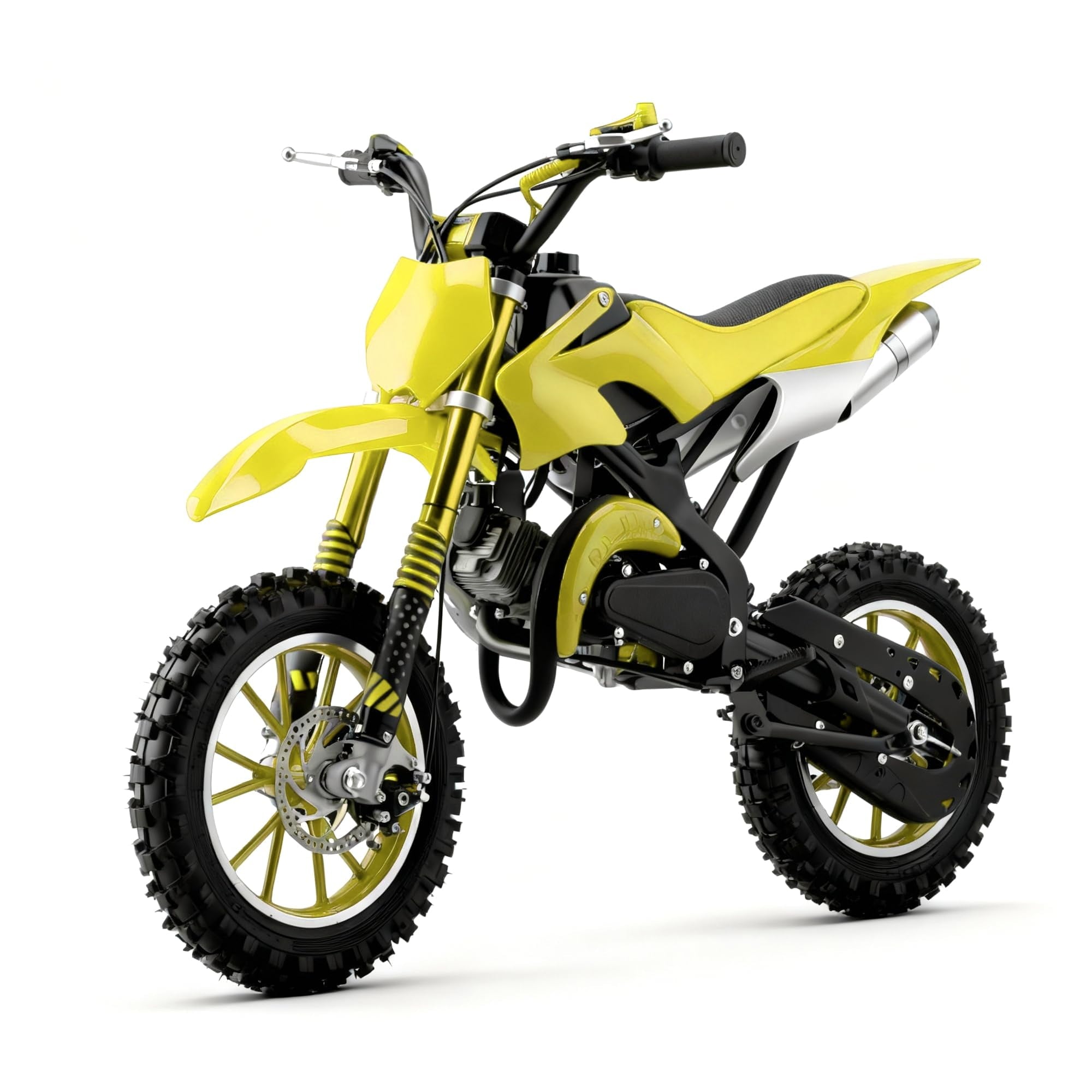 FONA 49cc 2-Stroke Dirt Bike for Kids 8-12, 25mph Mini Motorcycle with Dual Disc Brakes, Off-Road Tires, Suspension & Soft Seat Yellow