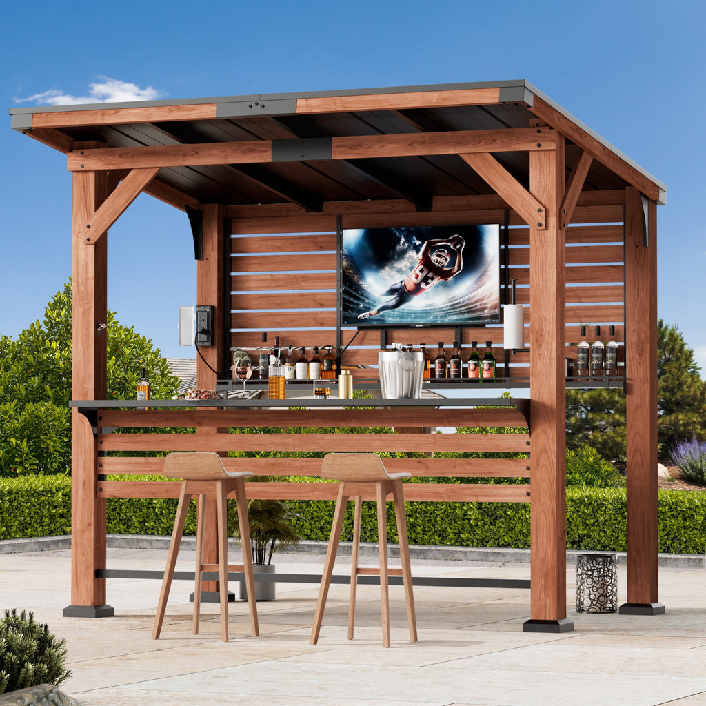 FONA 6.5'x8' Cedar Wood Bar&Grill Gazebo with Shelves,TV Mount,Hardtop Steel Roof,Power Strip