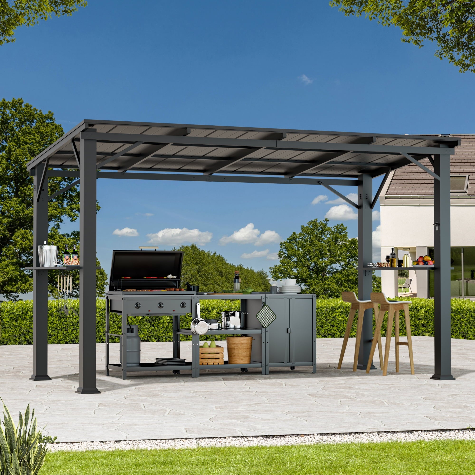 FONA 6'x12' Hardtop Grill Gazebo with Side Shelf, Bottle Opener & Hooks, Rustproof for Backyard, Garden, Patio, Black