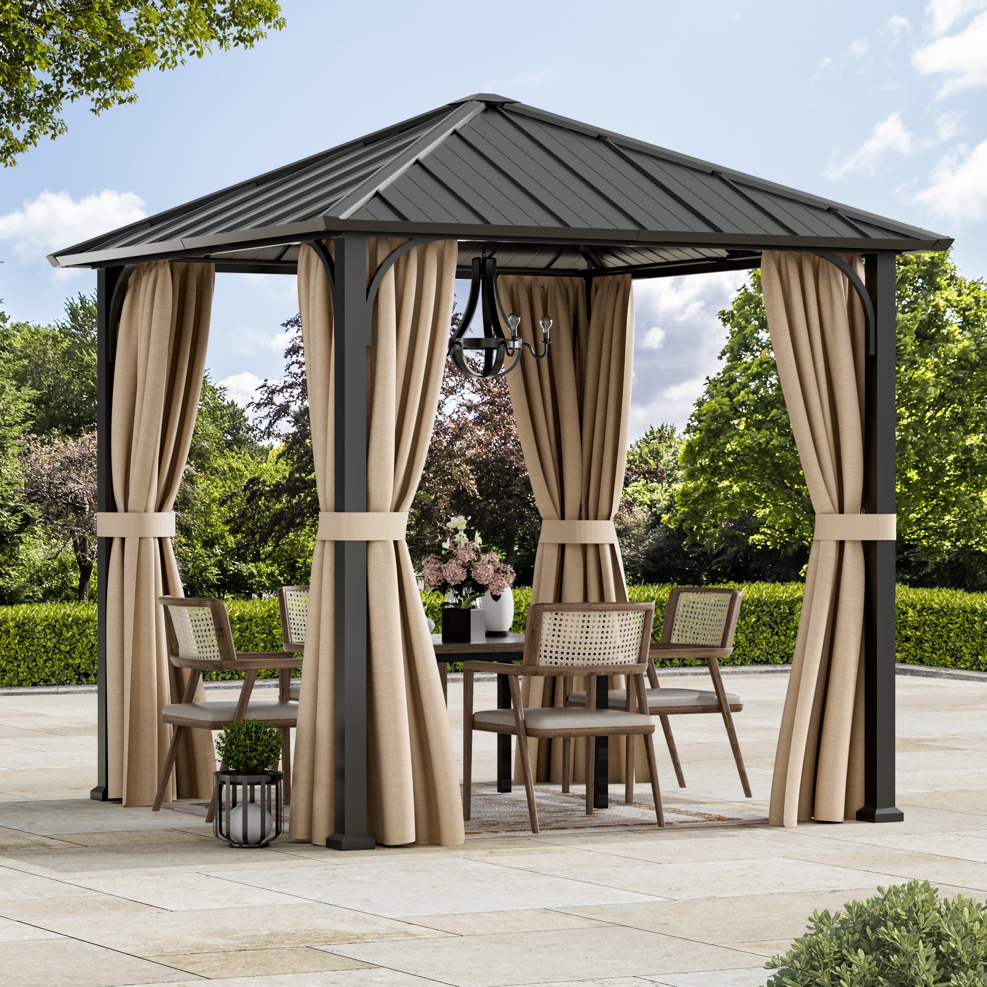 FONA 8'x8' Hardtop Gazebo with Steel Roof & Curtains,All-Weather Metal Pavilion for Patio,Backyard