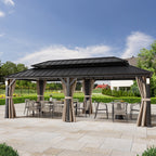 FONA The Horizon Permanent Hardtop Gazebo 12' x 24' with 4 LED Lights, Outdoor Gazebo with Galvanized Steel Double Roof, Patio Pavilion w/Decor Hooks, Mosquito Netting and Curtains, Black