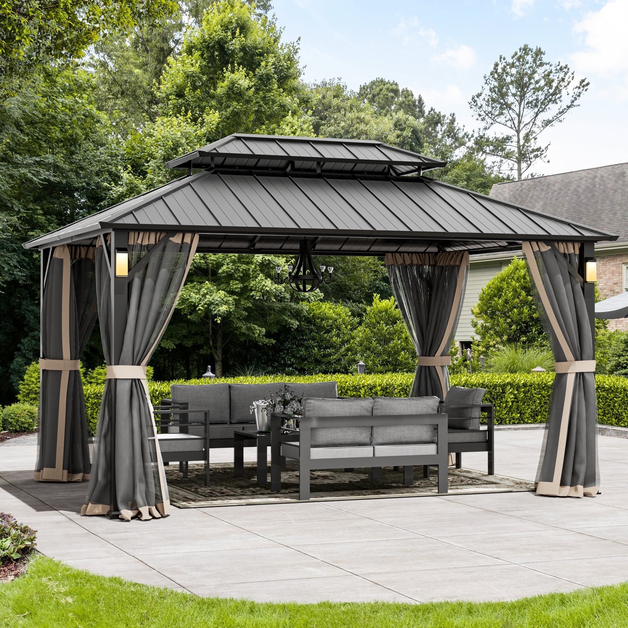 FONA 10'x14' Wood-Look Hardtop Gazebo with LED Lights,Double Roof,Netting & Hooks,Black