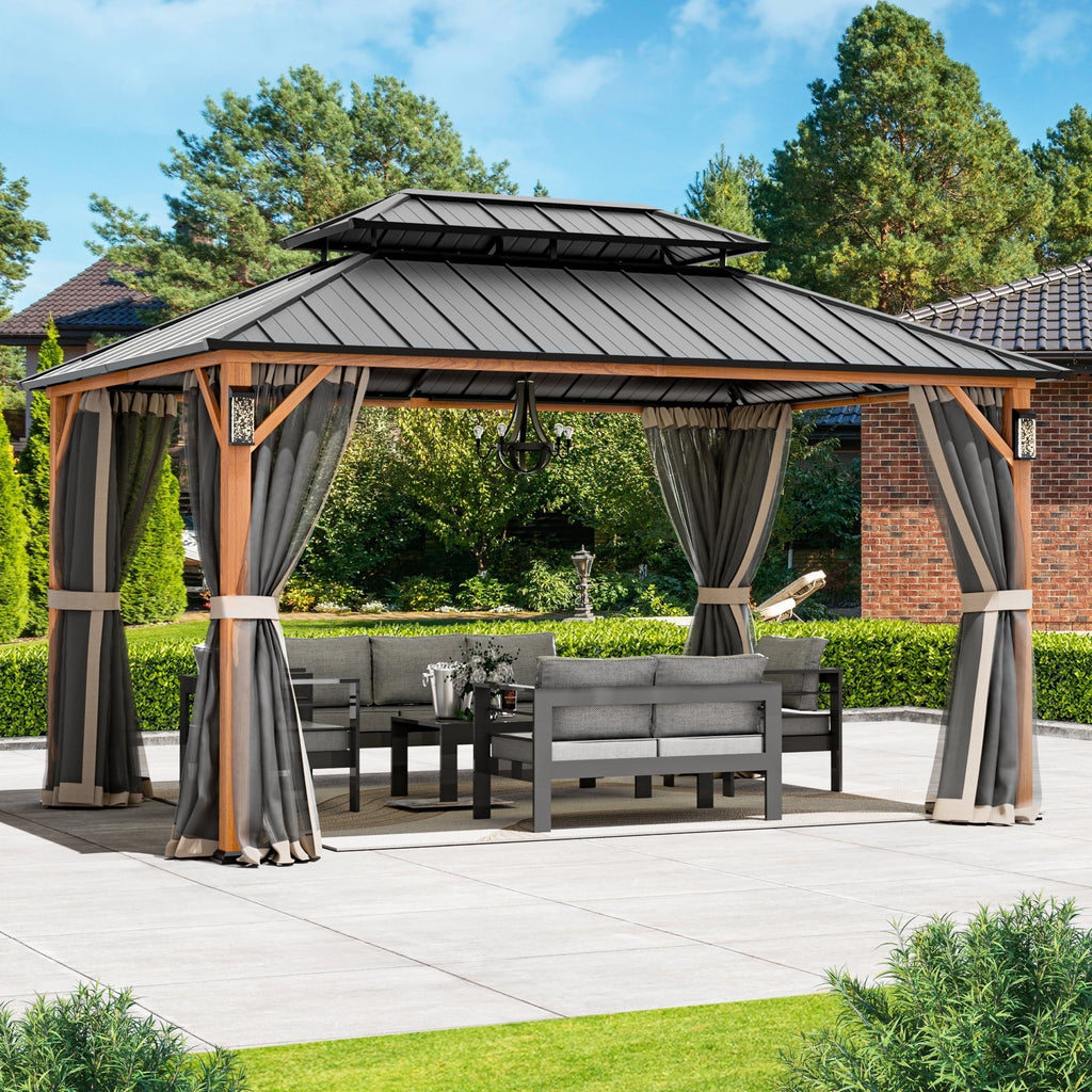 FONA 10'x14' Wood-Look Hardtop Gazebo with LED Lights,Double Roof,Netting & Hooks