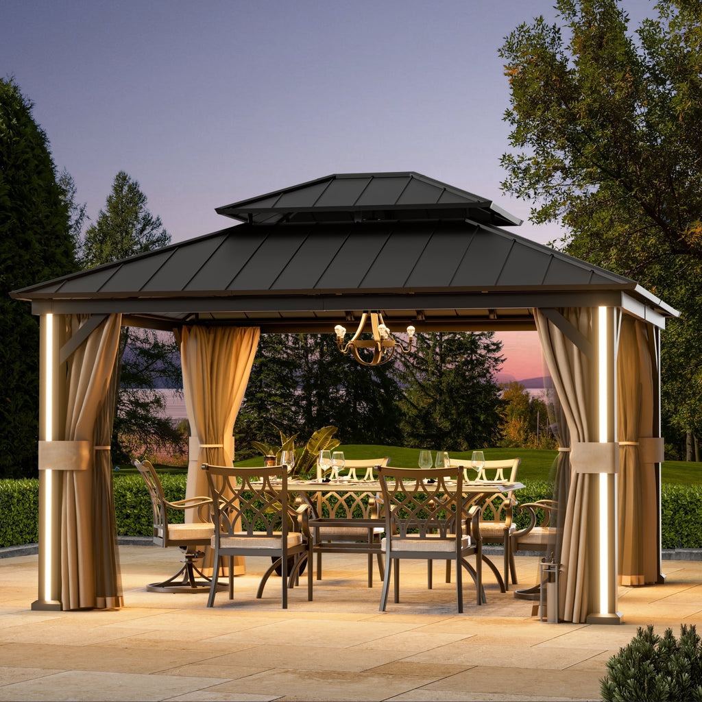 FONA 12'x14' Aluminum Hardtop Gazebo with LED Lights,Netting,Curtains & USB Port,Black
