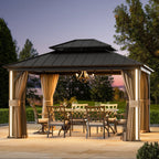 FONA 12'x14' Aluminum Hardtop Gazebo with LED Lights,Netting,Curtains & USB Port,Black