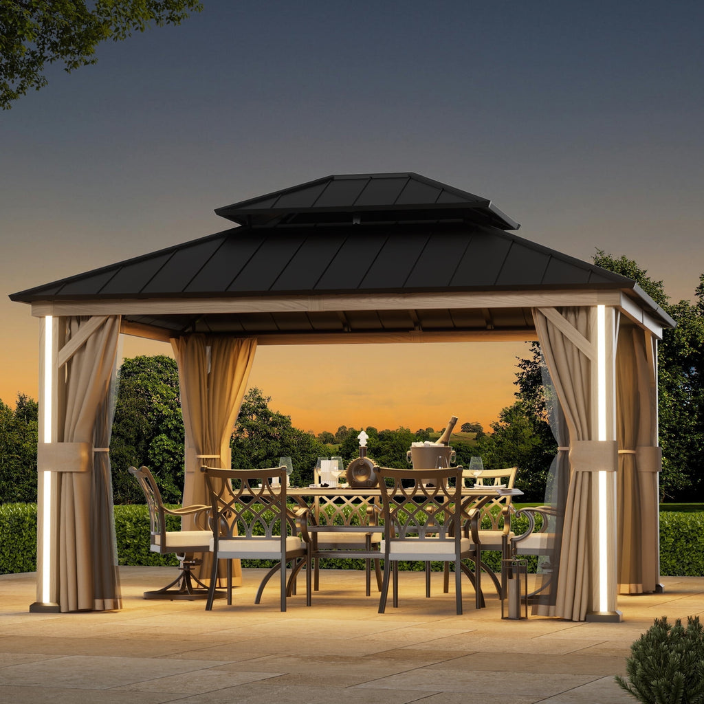 FONA 12'x14' Aluminum Hardtop Gazebo with LED Lights,Netting,Curtains & USB Port,Brown
