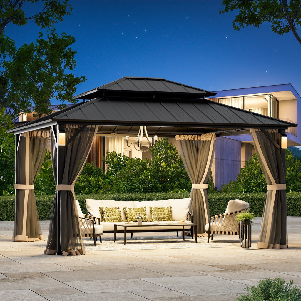 FONA 12'x14' Permanent Hardtop Gazebo with LED Lights,Netting & Hooks,Black