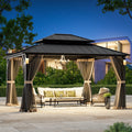 FONA 12'x14' Permanent Hardtop Gazebo with LED Lights,Netting & Hooks,Black