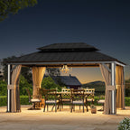 FONA 12'x16' Permanent Hardtop Gazebo,Aluminum Frame & Double Roof,LED Lights,Black